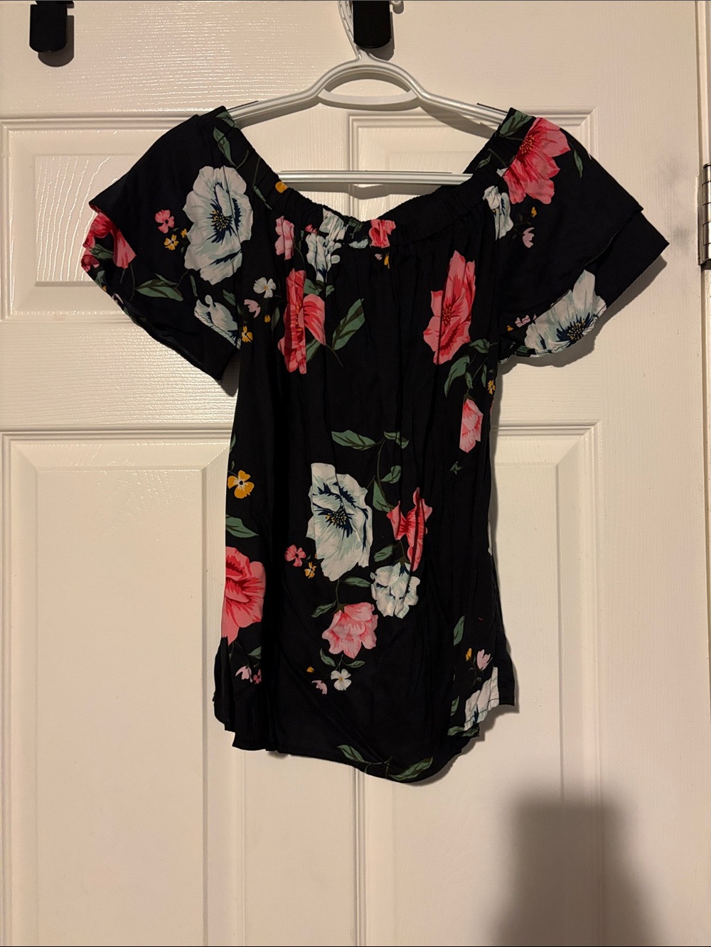 Old Navy Black Off-Shoulder Floral Blouse with Pink & White Blooms
